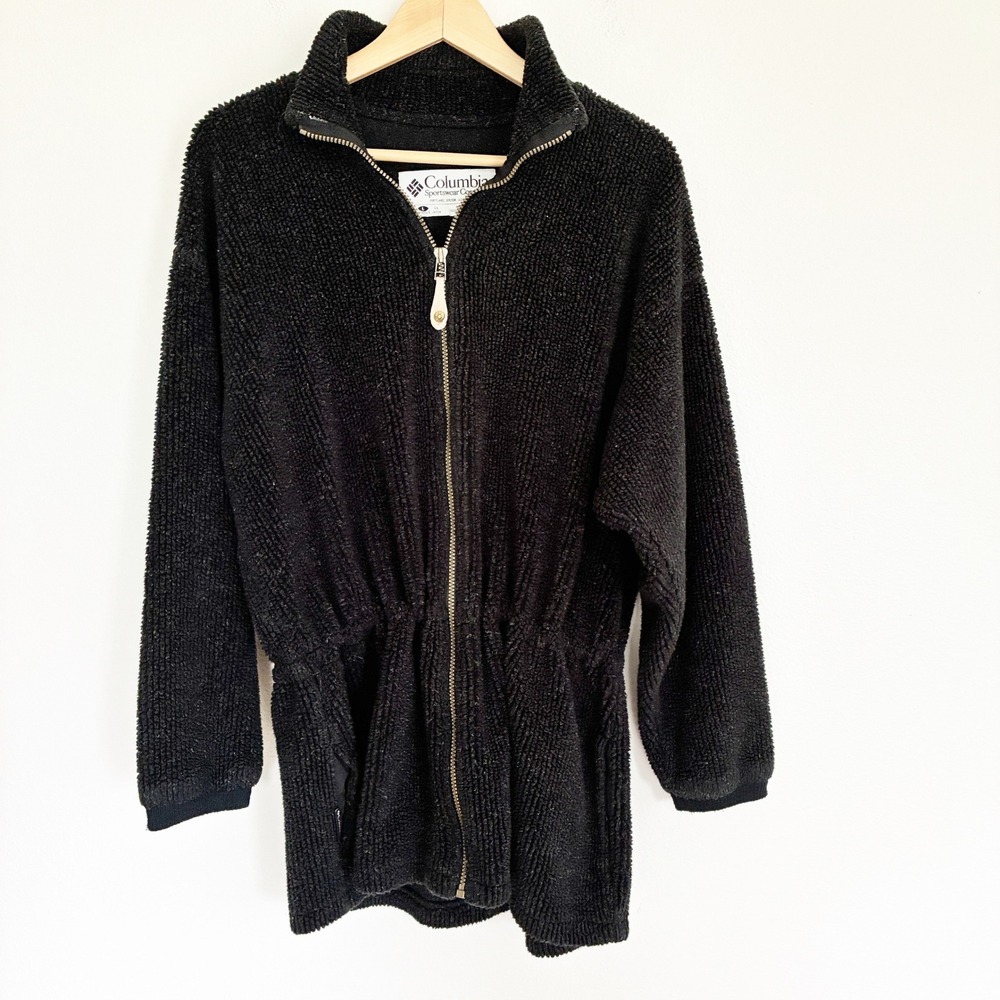 Vtg Columbia Fleece Jacket Womens L Black Cinch Waist Zip Up Popcorn Rib Knit
